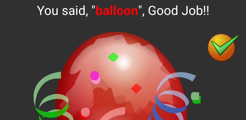 Android app showing a correct pronunciation of the word 'balloon' with confetti animation