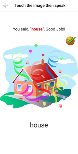 Android app showing a correct pronunciation of the word 'house' with a checkmark