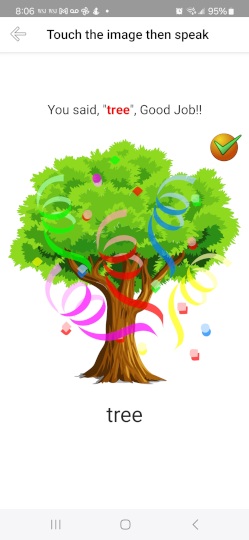 Android app showing a correct pronunciation of the word 'tree' with a checkmark